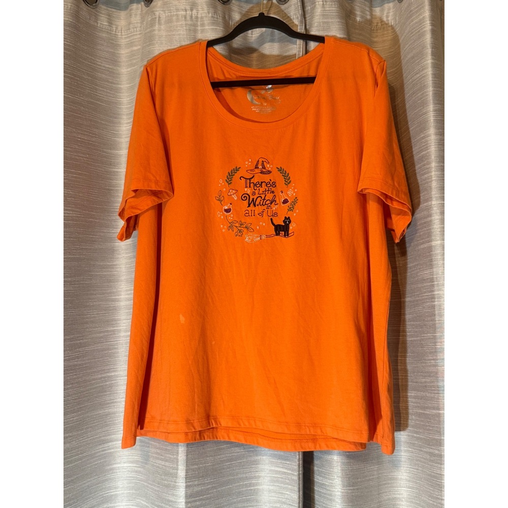 Coral Bay Orange Halloween Embroidered Orange Graphic Tee Sz 3XL Witch Black Cat